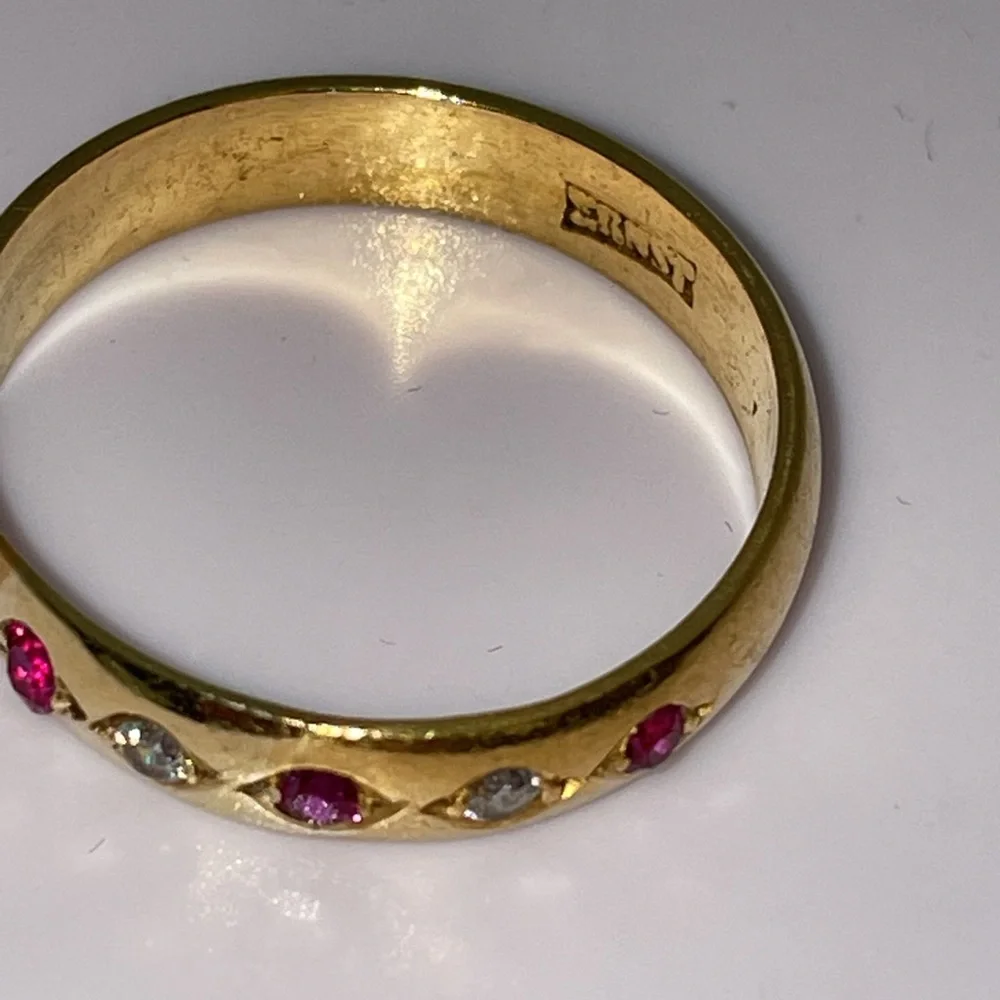 Antique ERNST Solid 14K Yellow Gold Synthetic Ruby Faux Diamond Unisex Band Ring